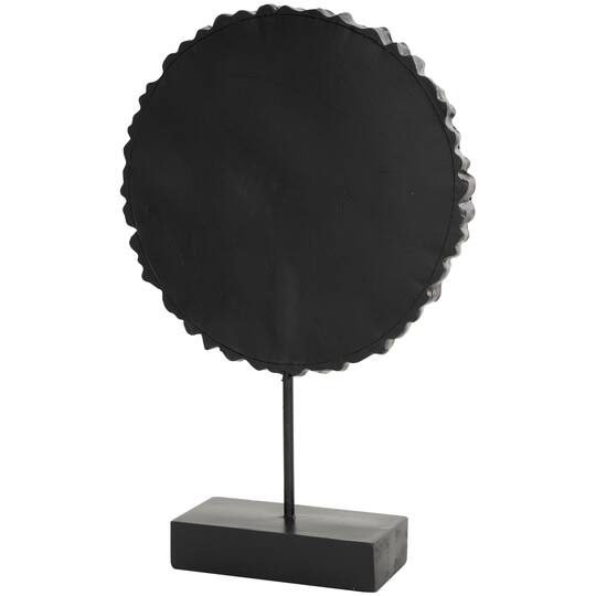 17" Brown Metal Tribal Carved Circular Sculpture with Black Stand & Wavy Edge